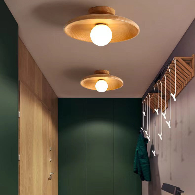 Zeitgenössische Einfachheit Runde Holz Glas 1-Licht Halb Flush Mount Deckenleuchte für Wohnzimmer