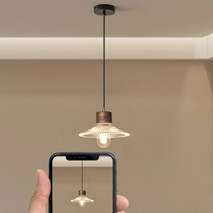Traditional Chinese Iron Walnut Glass Conic Umbrella-Shaped 1-Light Pendant Light For Dining Room