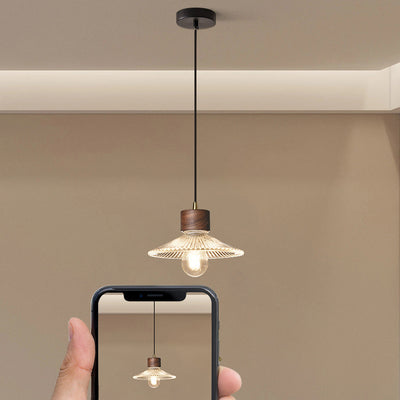 Traditionelle chinesische Pendelleuchte aus Eisen, Walnuss und Glas, konisch, schirmförmig, 1 Licht, für Esszimmer 