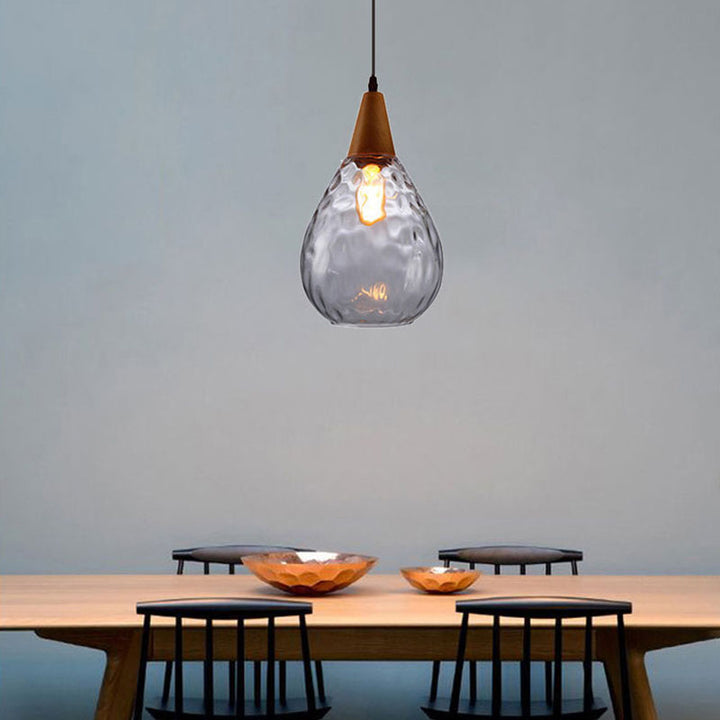 Zeitgenössische industrielle Wassertropfen Holz Glas 1-Licht Pendelleuchte für Wohnzimmer 