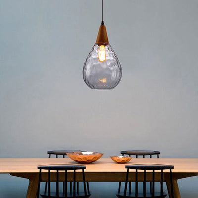 Zeitgenössische industrielle Wassertropfen Holz Glas 1-Licht Pendelleuchte für Wohnzimmer 