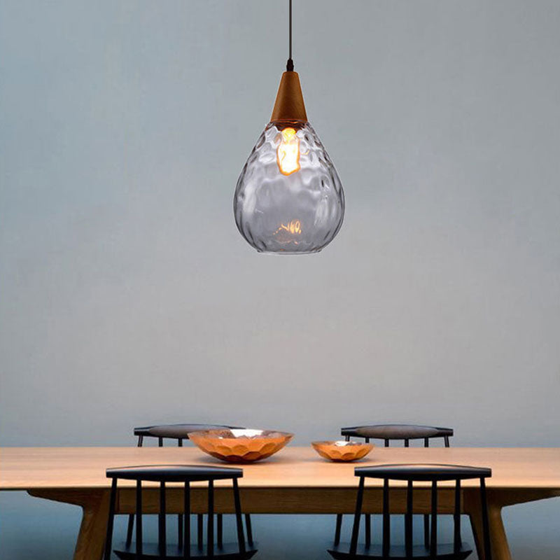 Zeitgenössische industrielle Wassertropfen Holz Glas 1-Licht Pendelleuchte für Wohnzimmer 