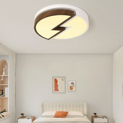Zeitgenössische nordische runde Holzmaserung Blitz Eisen Acryl LED Unterputz Deckenleuchte für Schlafzimmer 