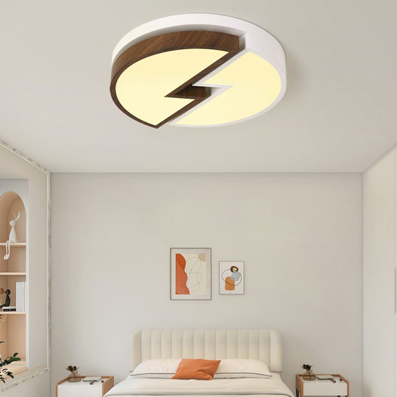 Zeitgenössische nordische runde Holzmaserung Blitz Eisen Acryl LED Unterputz Deckenleuchte für Schlafzimmer 