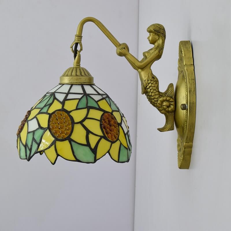 European Vintage Tiffany Sun Flower Stained Glass 1-Light Wall Sconce Lamp
