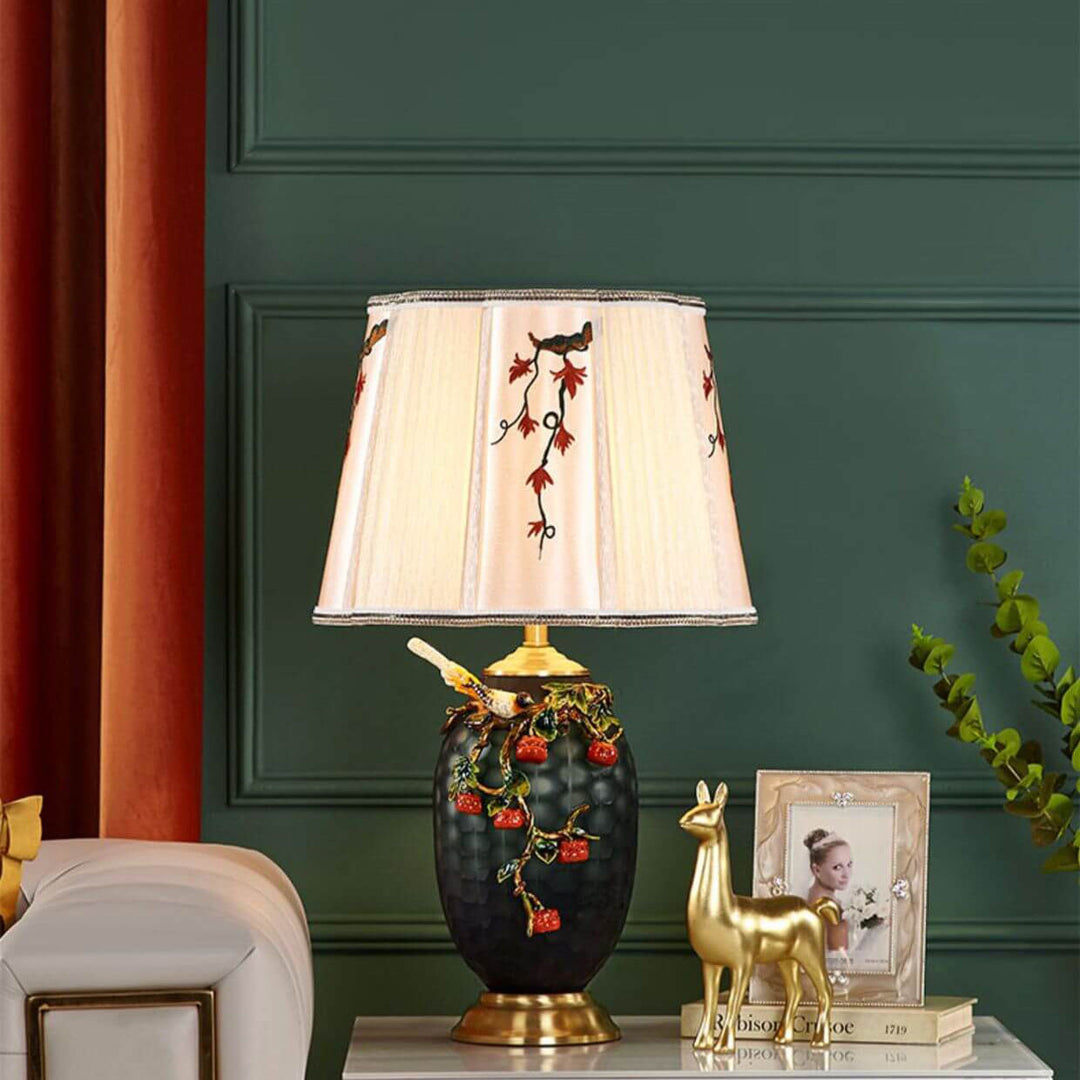 Retro Chinesische Kupfer Emaille Farbe Stoffschirm 1-Licht Tischlampe 