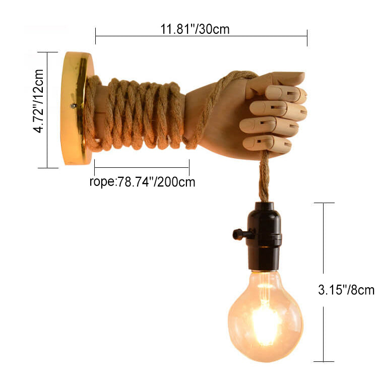 Vintage kreative Handform-Lampe Arm Hanfseil Zwirn 1-Licht Wandleuchte 