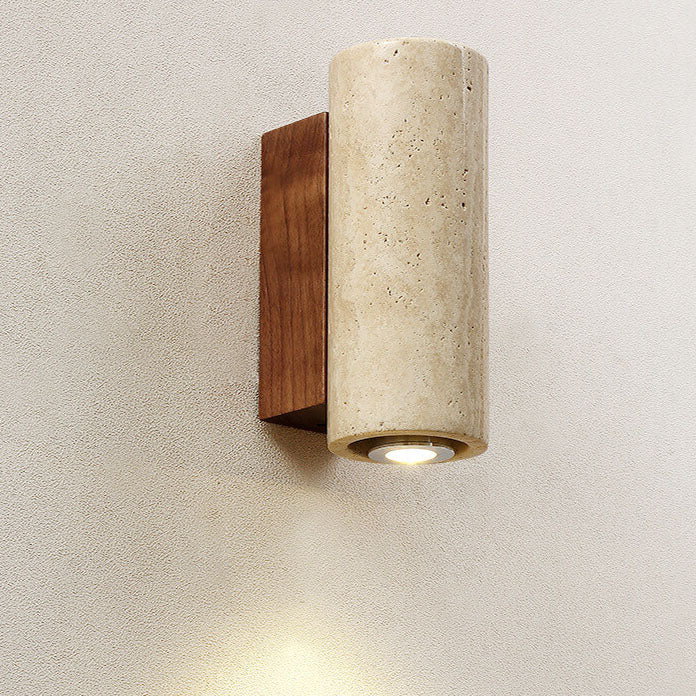 Japanischer Wabi-Sabi Runder Quadrat Gelber Travertin Gummi Holz 1-Licht Spotlight Wandleuchte 