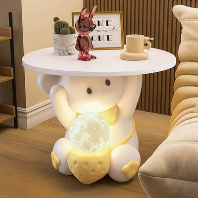 Moderner Art Deco Kinderhasen-Rundteller Rechteckige Schublade Harz Holz Emaille Nachttisch mit 1 Schublade und LED-Licht für das Schlafzimmer 