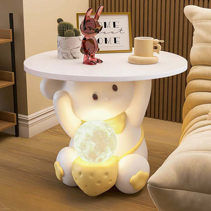 Moderner Art Deco Kinderhasen-Rundteller Rechteckige Schublade Harz Holz Emaille Nachttisch mit 1 Schublade und LED-Licht für das Schlafzimmer 