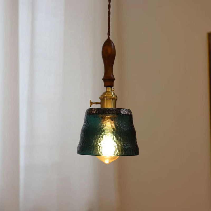 Lámpara colgante de 1 luz con pantalla de vidrio ondulado de nogal Art Deco moderno para sala de estar 