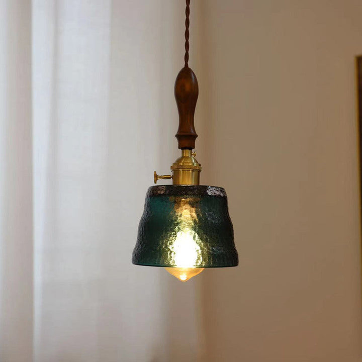 Lámpara colgante de 1 luz con pantalla de vidrio ondulado de nogal Art Deco moderno para sala de estar 