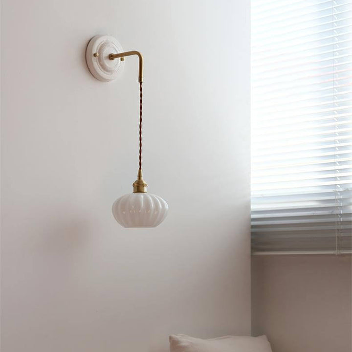 Modern Minimalist Round Glass Iron Ceramic Base 1-Light Wall Sconce Lamp For Living Room &amp; Bedroom