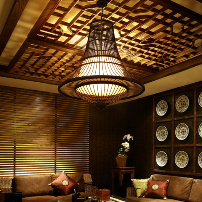 Suspension Luminaire en Bambou Tressé Japonais Traditionnel à 1 Lumière pour Salon 