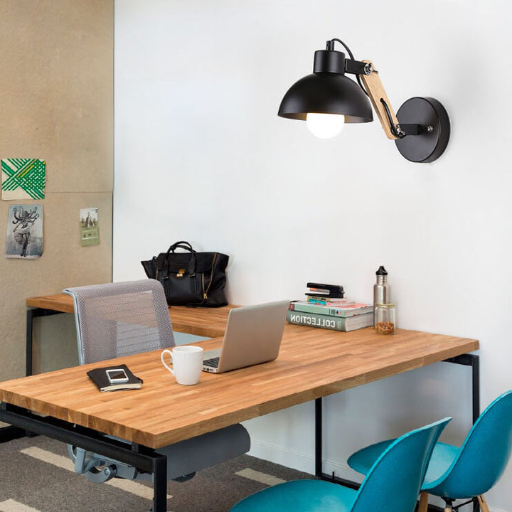 Lámpara de Pared de 1 Luz con Brazo de Madera Ajustable en Semicírculo de Hierro Nórdico Moderno 