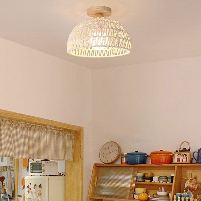 Traditional Japanese Half Round Solid Wood Rattan 1-Light Semi-Flush Mount Ceiling Light For Living Room
