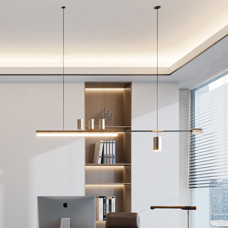Lustre moderne minimaliste avec monogramme, cylindre long en acrylique et cuivre à 5 lumières pour salon 