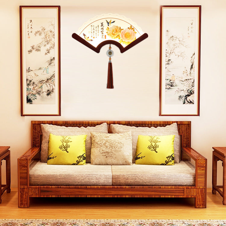 Applique murale LED avec abat-jour en acrylique festonné traditionnel chinois, éléments de plante, bord en bois pour salon 