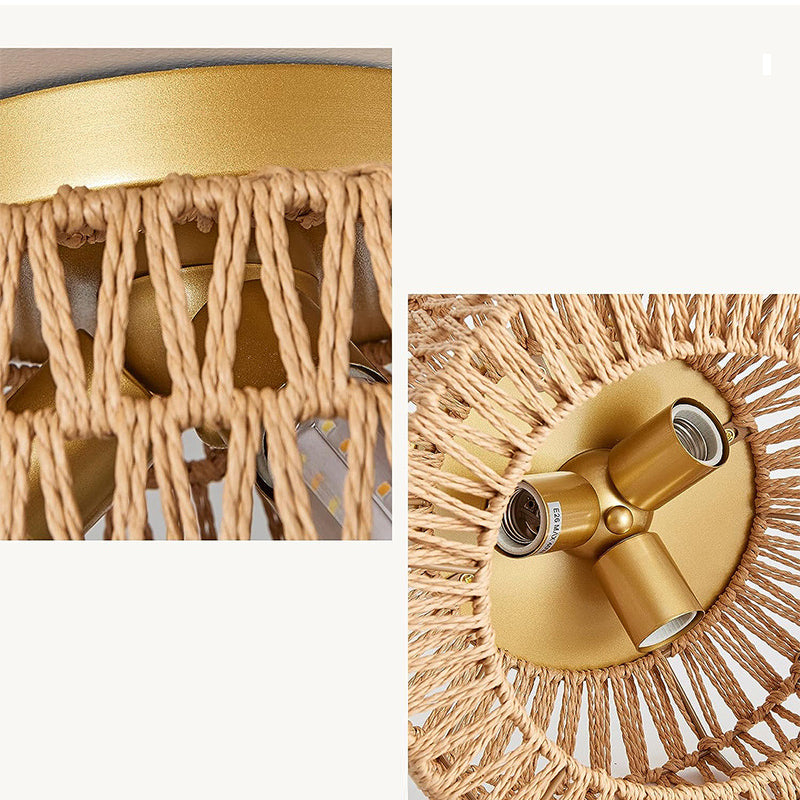 Zeitgenössische Boho Rattan Webkäfig 3-Licht Halbbündige Deckenleuchte für Wohnzimmer 