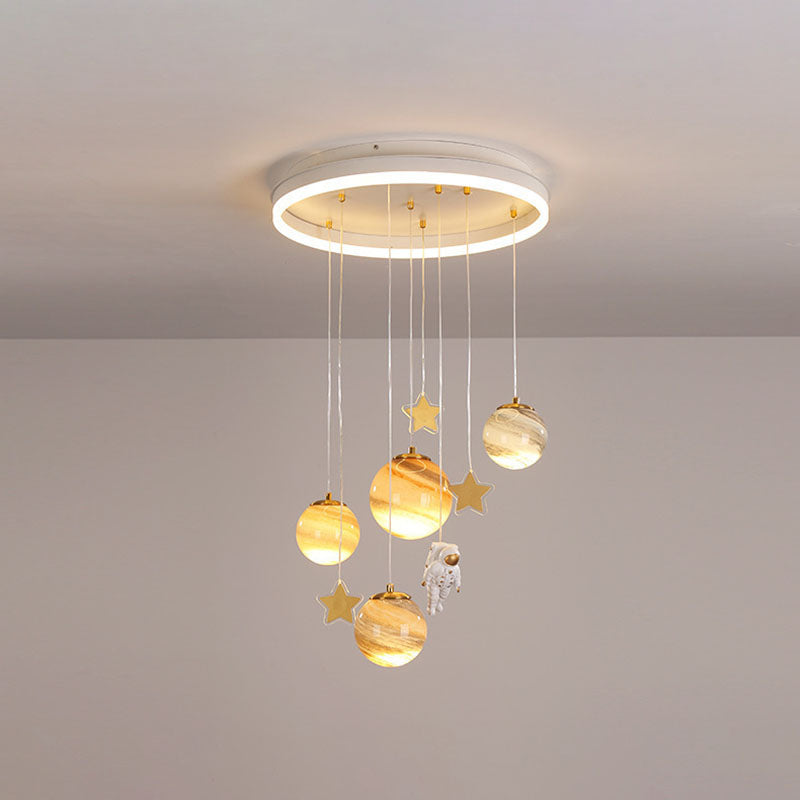 Contemporary Scandinavian Space Planet Acrylic Glass Round Shade LED Kids Flush Mount Ceiling Light For Bedroom