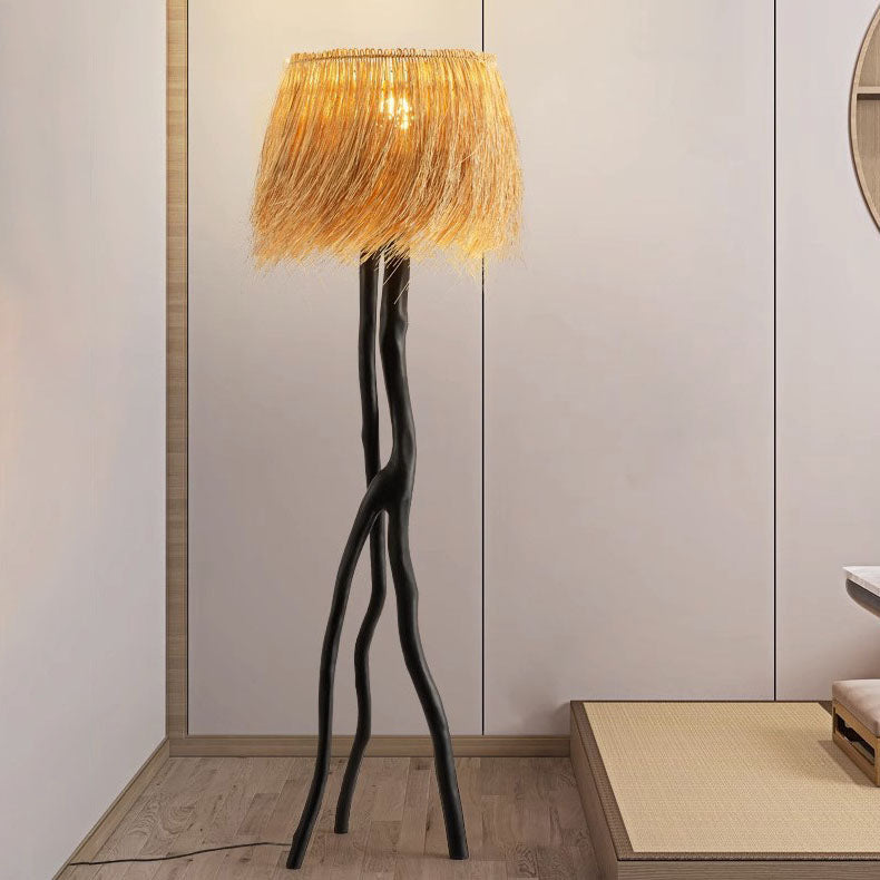 Lampe de sol 1 lumière avec base en résine de branche et abat-jour rond en tissage de bambou rustique traditionnel pour salles de divertissement 