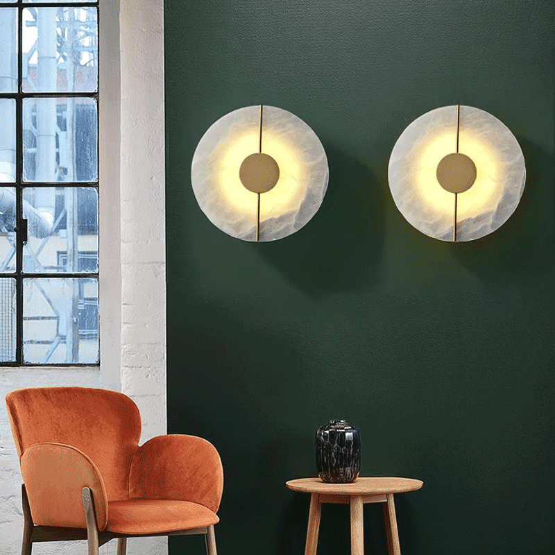 Traditional Chinese Copper Marble Round Elliptical LED Wall Sconce Lamp For Hallway