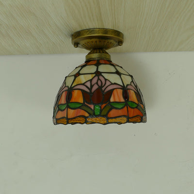 Lámpara de techo semiempotrada de 1 luz con cúpula de hierro y vidrio de colores Tiffany Tulip tradicional para sala de estar 