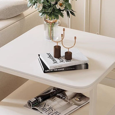 Mesa auxiliar contemporánea nórdica cuadrada de vidrio, metal y madera de 2 niveles para sala de estar 