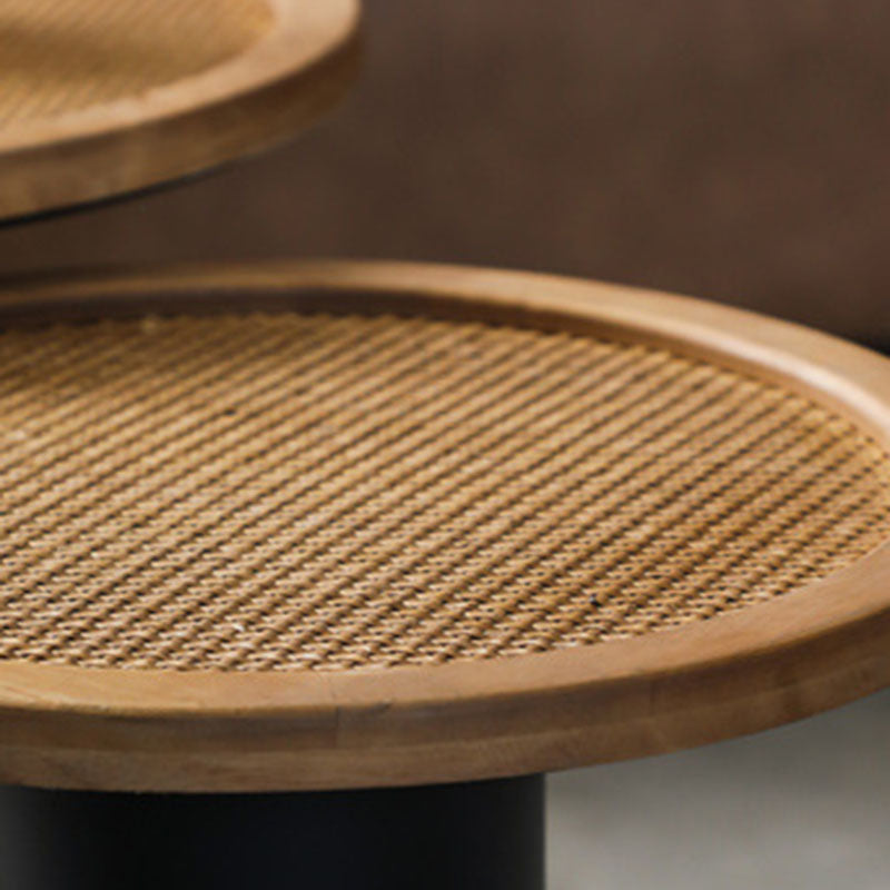 Traditional Vintage Round Rattan Iron Pine Coffee Table 1-Tier For Living Room