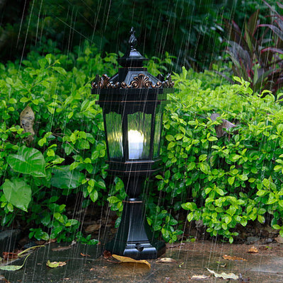 Luz de Poste de Cabeza de 1 Luz de Vidrio de Aluminio Cilíndrico Hexagonal Europeo Tradicional para Patio Exterior 