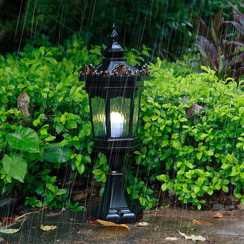 Luz de Poste de Cabeza de 1 Luz de Vidrio de Aluminio Cilíndrico Hexagonal Europeo Tradicional para Patio Exterior 