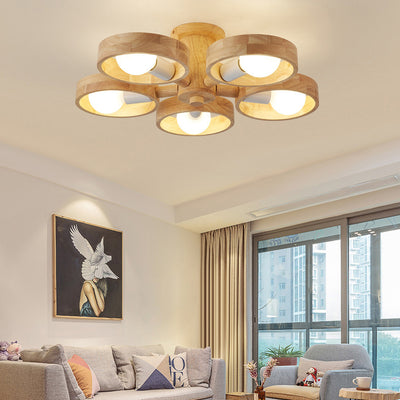 Plafonnier semi-encastré contemporain nordique rond en bois de caoutchouc avec 3/5 lumières pour salon 