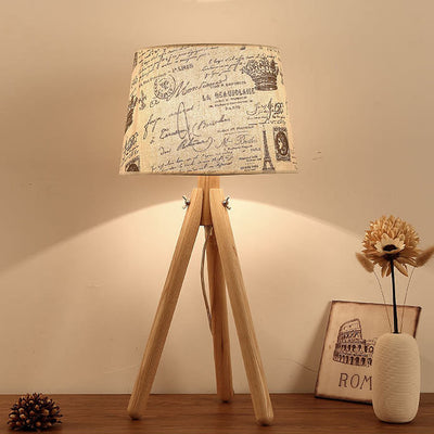 Japanese Simple Round Fabric Three-Legged Wooden Base 1-Light Table Lamp