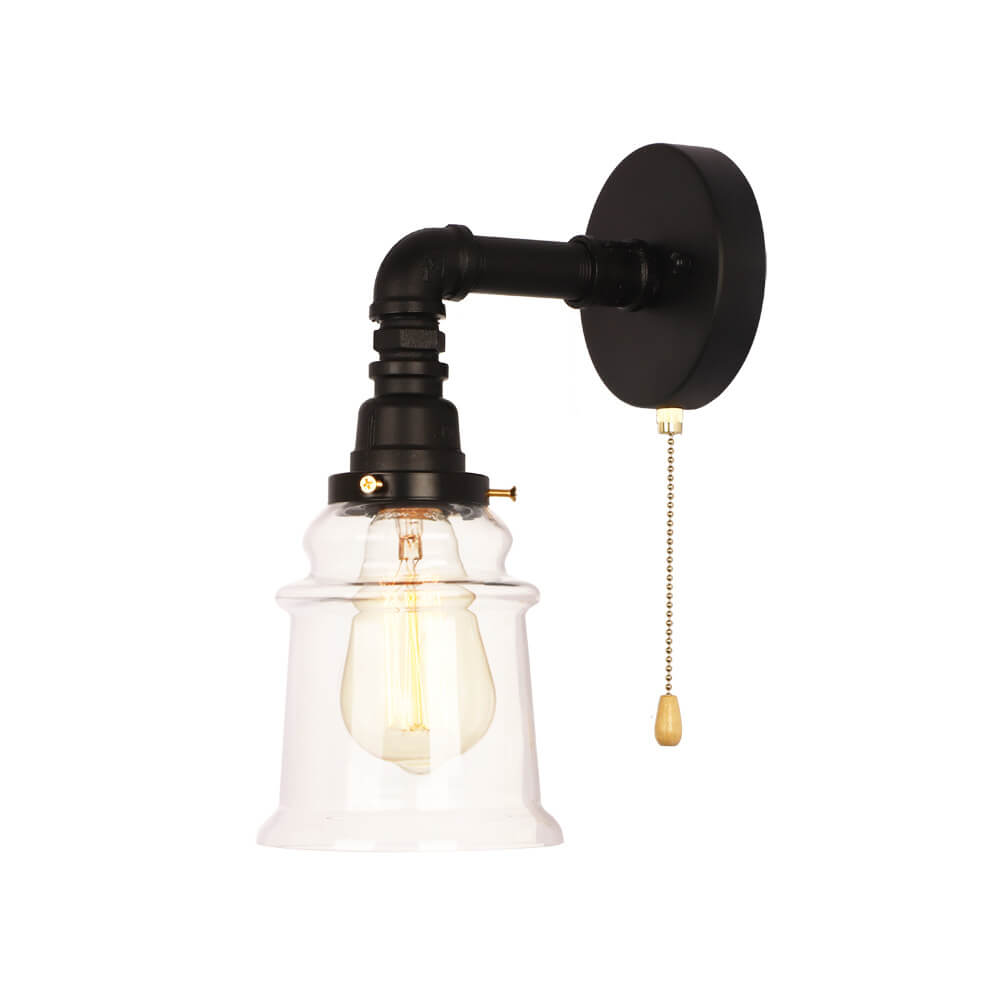 Contemporary Industrial Clear Glass Bell Pipe Iron 1-Light Wall Sconce Lamp For Bedroom