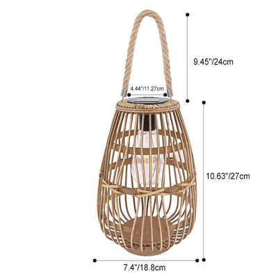 Contemporary Retro Hemp Rope Rattan Weaving Cage LED Solar Waterproof Standing Floor Lamp For Garden