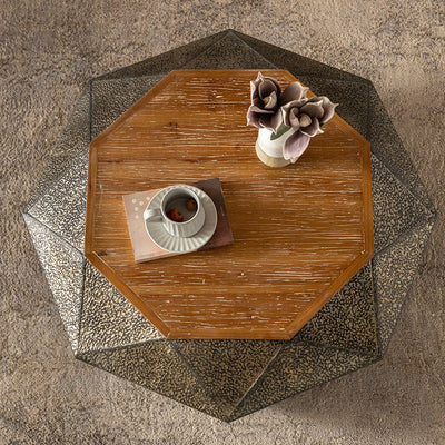Mesa de café geométrica de hierro y madera de pino con diseño retro contemporáneo de 1 estante para sala de estar 