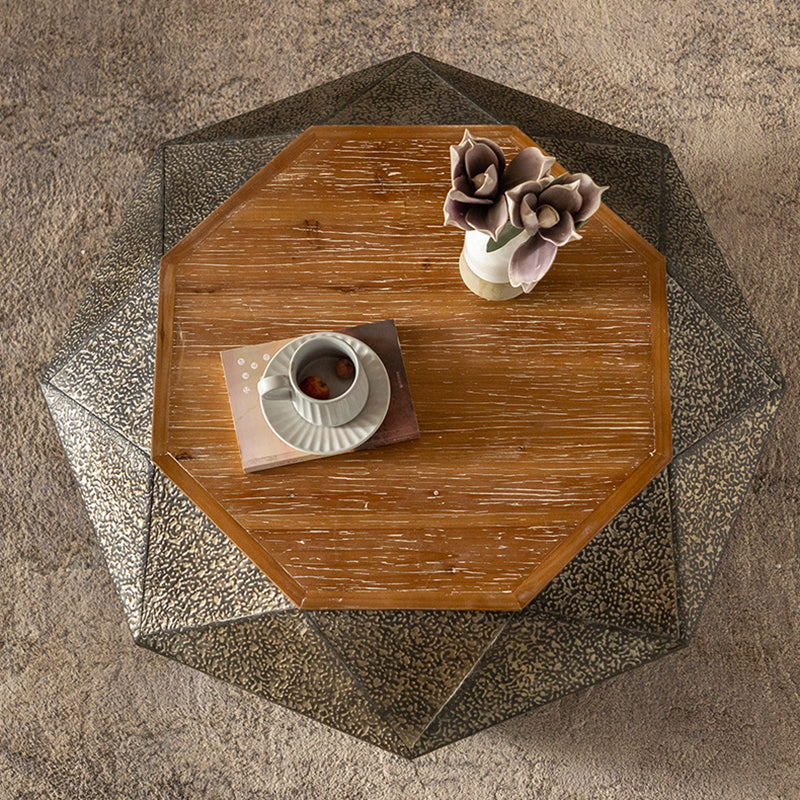 Mesa de café geométrica de hierro y madera de pino con diseño retro contemporáneo de 1 estante para sala de estar 