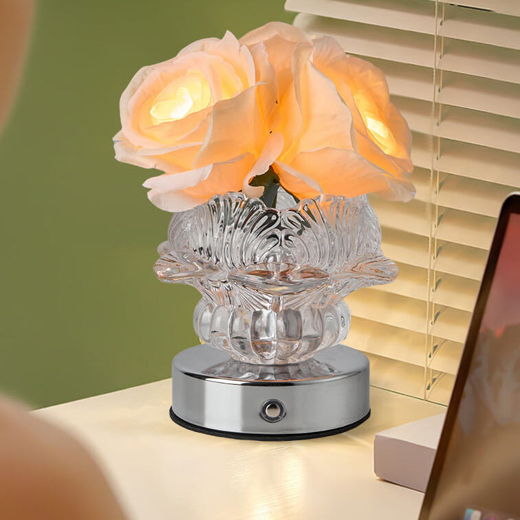 Moderne dekorative Rosenmetall-Glas-LED-Tischlampe 
