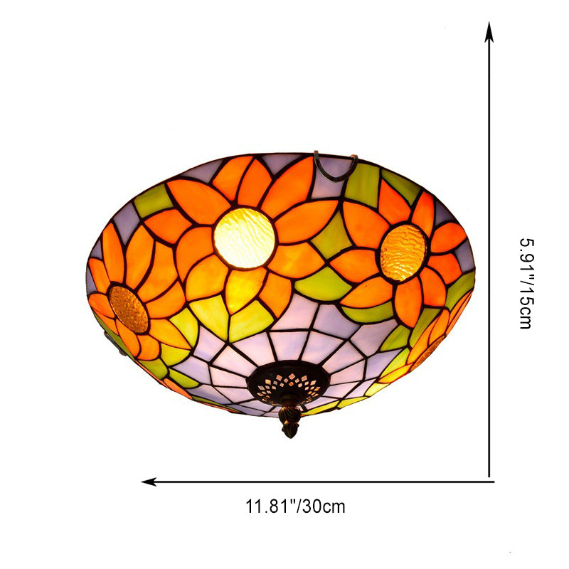 Dôme Tiffany traditionnel Tournesol Verre en fer Plafonnier à 2 lumières pour le salon 