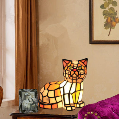 Traditional Tiffany Stained Glass Cat 1-Light Table Lamp For Bedroom