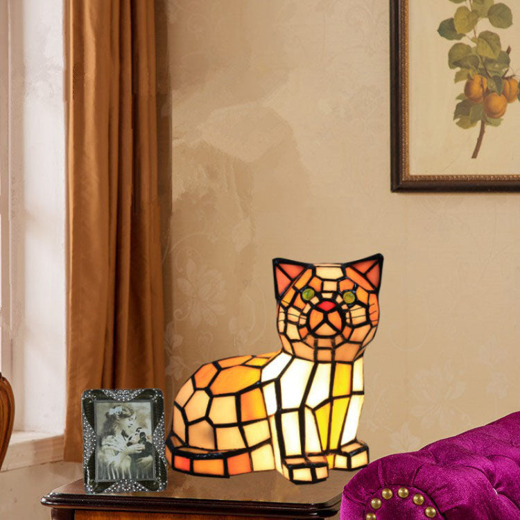 Traditional Tiffany Stained Glass Cat 1-Light Table Lamp For Bedroom