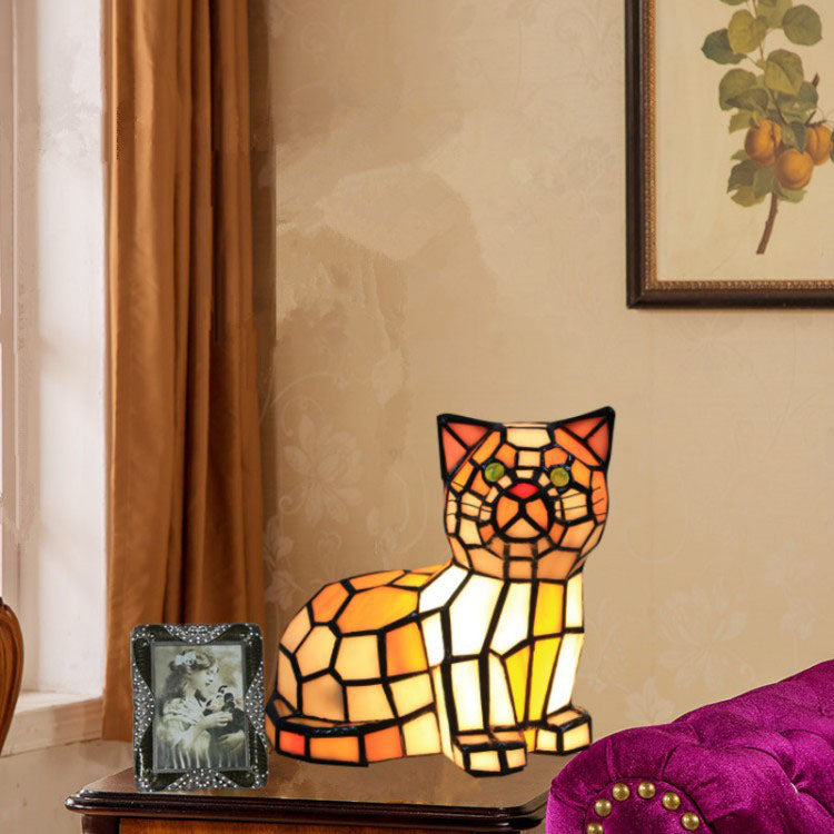 Lámpara de mesa de 1 luz con diseño de gato de vidrio Tiffany tradicional para dormitorio 