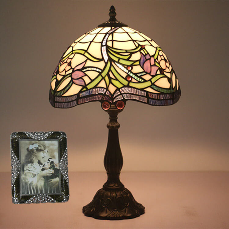 Lámpara de Mesa de 1 Luz con Cúpula de Resina de Vidrio Tiffany Tulip Vintage 