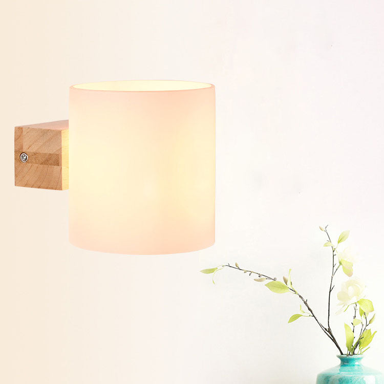 Modern Warm Cylindrical Rubber Wood Glass 1/2 Light Wall Sconce Lamp