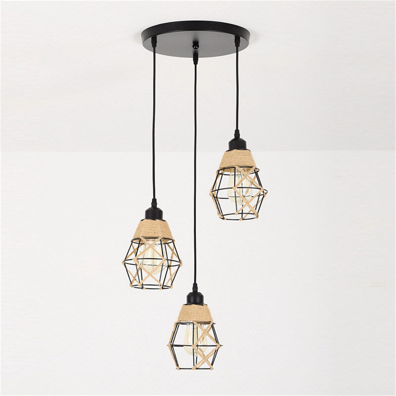 Nostalgic Industrial Iron Diamond Shape Hemp Rope Weaving 1/3-Light Island Light Chandelier