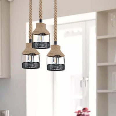 Nordic Retro Eisen Hanfseil Weben Vogelkäfig 1-Licht Pendelleuchte 