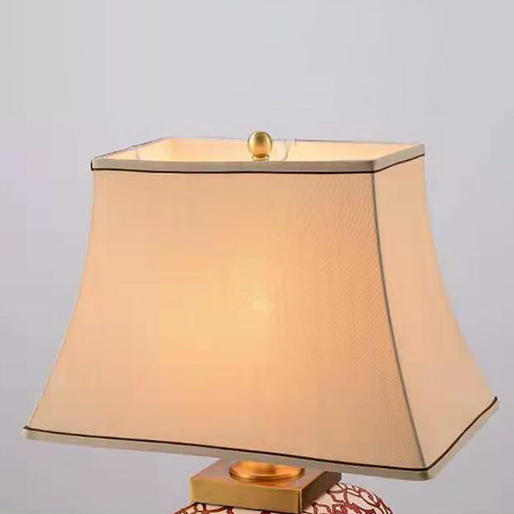 Traditional Chinese Cone Fabric Red Ceramic Jar Base 1-Light Table Lamp For Bedroom