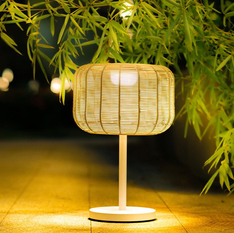 Contemporary Retro Solar Waterproof Weaving Rattan Metal Cylinder LED Landscape Lighting Outdoor Light For Outdoor Patio