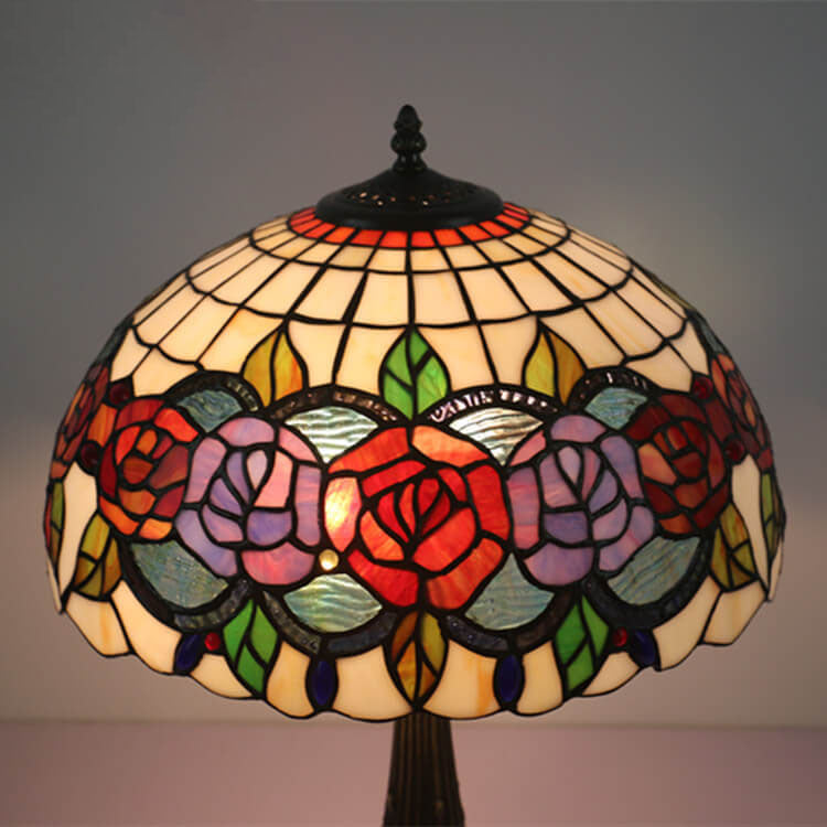 Tiffany Vintage Rose Stained Glass Dome 2-Light Table Lamp