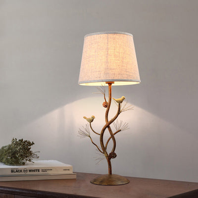 Modern Art Deco Fabric Shade Pinecone Bird Iron Base 1-Light Table Lamp For Bedroom